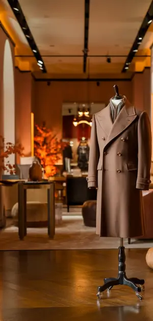 Brown double-breasted fall coat on mannequin.