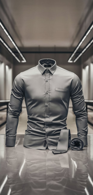 Gray fall formal shirt with matching tie on a modern mannequin