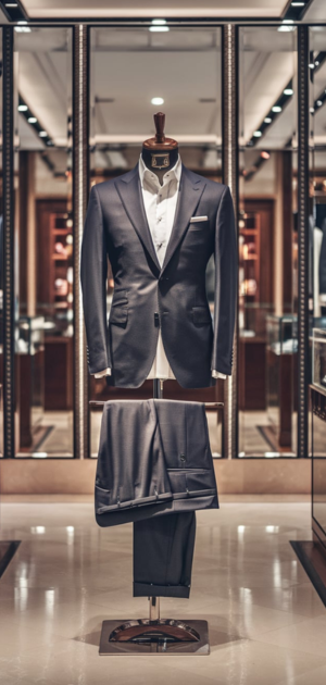 Stylish formal suit under warm lighting in a luxury store.