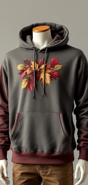 Dark hoodie with colorful autumn leaves graphic in the center.