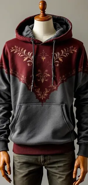 Grey and maroon hoodie with intricate floral designs across the chest