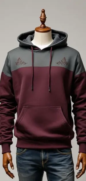 Maroon and grey hoodie with subtle floral embroidery on the chest