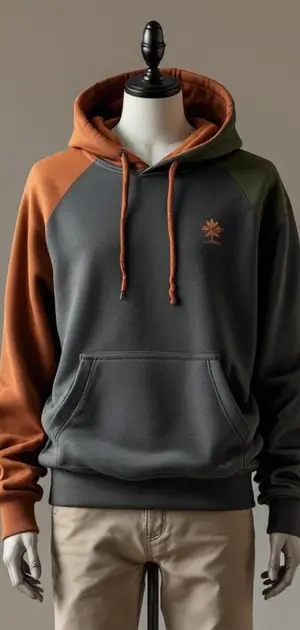 Two-tone hoodie with dark grey body and orange sleeves, featuring a small embroidered emblem.