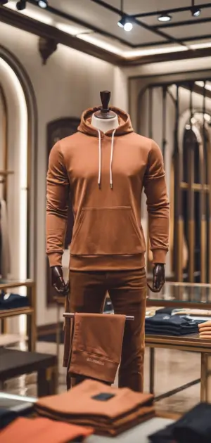 Brown hoodie with pants displayed in a retail setting