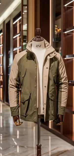 Two-tone green and beige jacket on a mannequin.