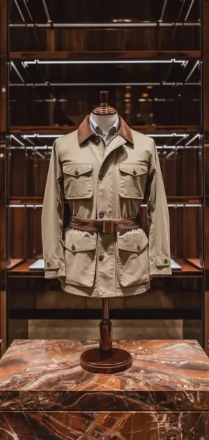 Belted beige fall jacket with a classic design.