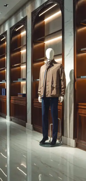 Beige men’s jacket on a mannequin