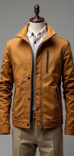 Mustard fall jacket with zippered chest pocket and snap-button collar