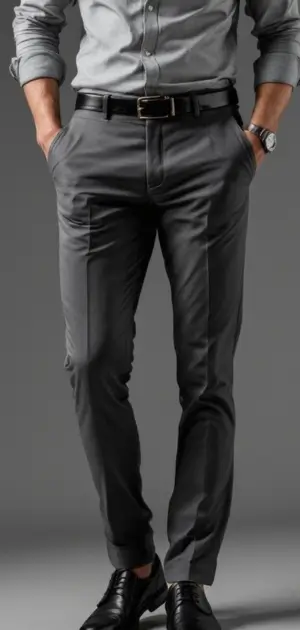 Man in dark grey fitted trousers, styled with a grey shirt and black accessories