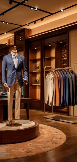 Blue blazer paired with beige pants next to a rack of suits in a boutique