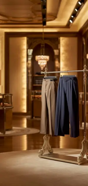 Brown and navy trousers on a rack in a boutique with warm lighting