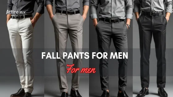 Four men in neutral-toned dress Fall Pants For men , perfect for fall fashion