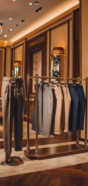 rack displaying various fall pants in beige, grey, and navy shades in a boutique store