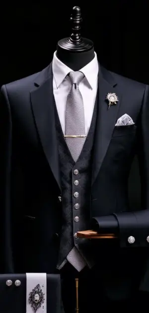 Navy-black suit with silver buttons, a patterned vest, and a tie bar