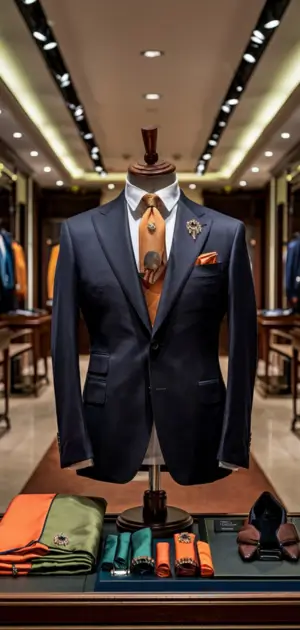Classic navy suit with orange tie, matching pocket square, and elegant lapel pin.