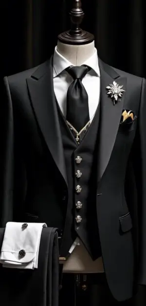 Black suit with silver buttons, a brooch, and a classic black tie.