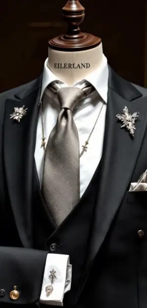 Elegant black suit with silver accessories and a stylish taupe tie