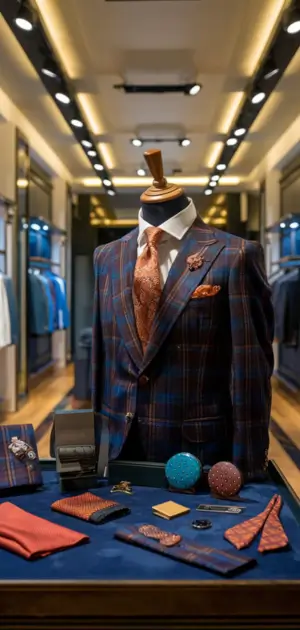 Blue and brown striped suit with an orange tie, pocket square, and lapel chain.