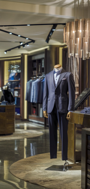Dark formal suit with a white shirt displayed on a mannequin in a luxury store.