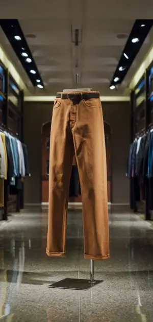 Brown jeans showcased in a modern retail store