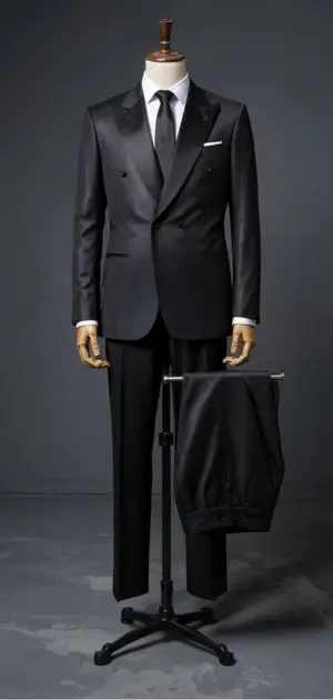 Black double-breasted suit with satin lapels, displayed on a mannequin.