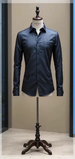 Shiny dark blue long-sleeve shirt on a beige mannequin with stand.