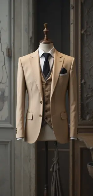 A stylish beige three-piece suit with a navy tie is displayed on a mannequin.