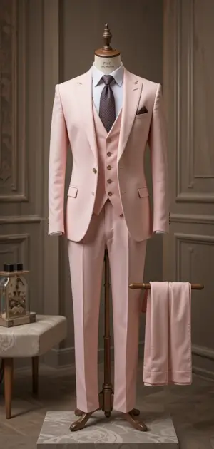 Mannequin in a pastel pink three-piece suit with trousers on display.