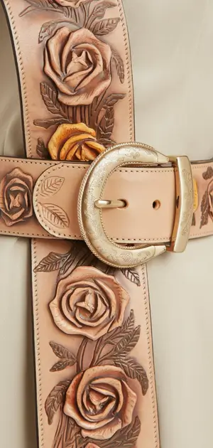 Floral-patterned belt with a gold-tone buckle and engraved leather