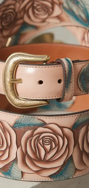 Rose-engraved belt with vibrant colors and a circular gold-tone buckle