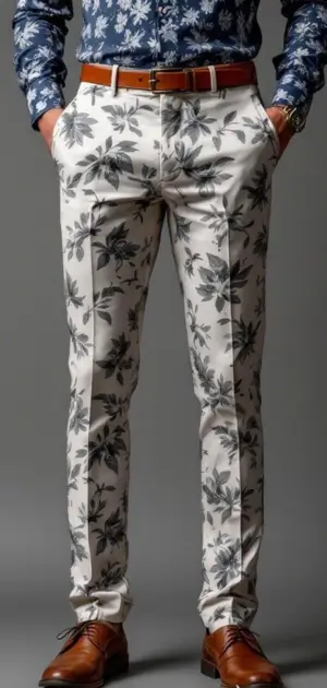 Man wearing cream floral trousers with a navy floral shirt and brown shoes