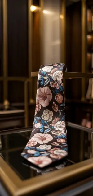 Intricately patterned floral tie in showcase
