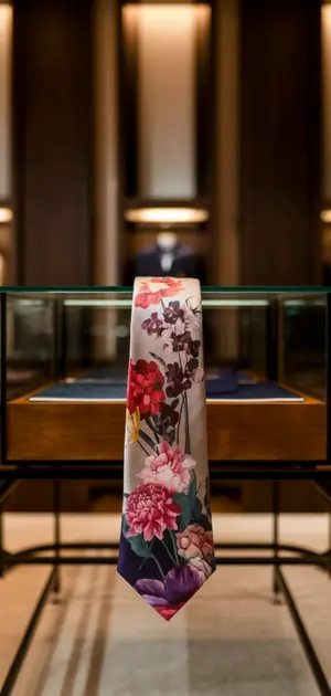 Bold floral tie standing out in a showcase