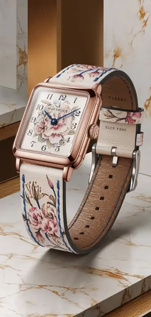 Round floral-themed watch with a white dial and flower-etched strap