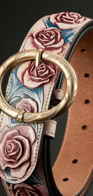 Beige floral belt with intricate engravings and a gold-tone western-style buckle