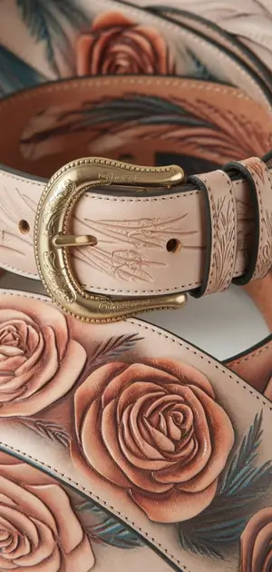 Leather belt with embossed floral designs and a yellow rose accent