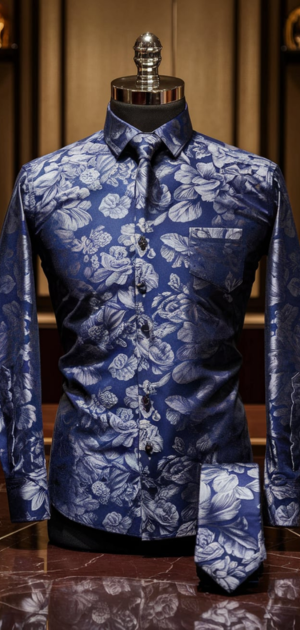 Elegant blue floral formal shirt with a matching tie
