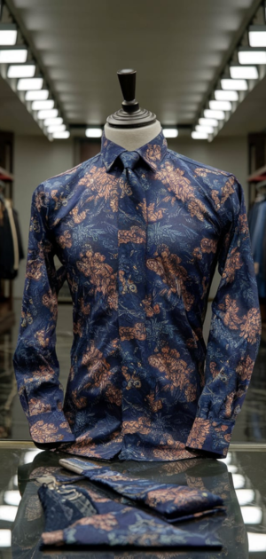 Dark blue formal shirt with golden floral patterns