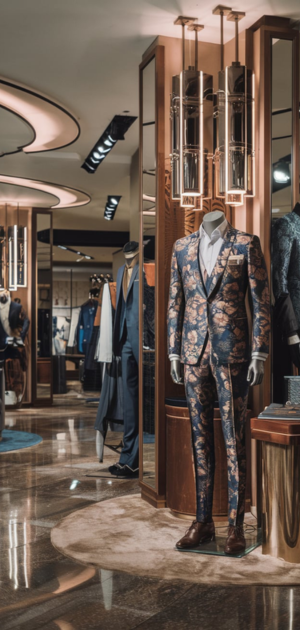 Floral suit displayed in an elegant boutique setting