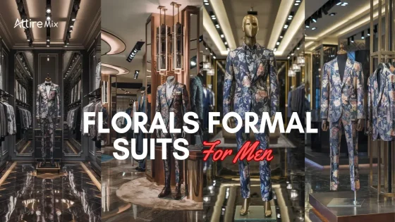 Collage of floral formal suits for men in luxury settings
