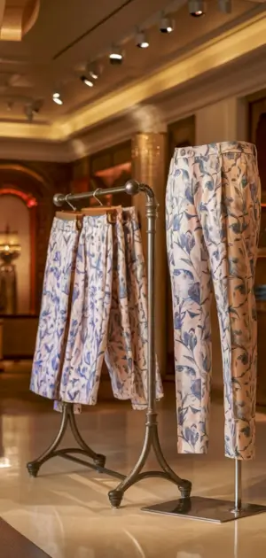 Light floral trousers displayed on racks in a luxury store