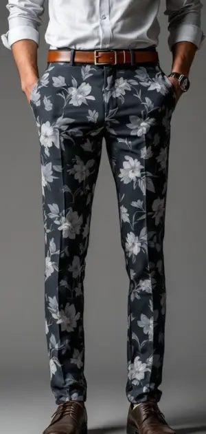 Man in dark floral trousers with a white shirt and brown belt and shoes.