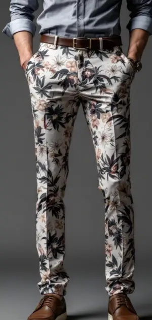 Man wearing white floral print trousers with a brown belt and brown shoes