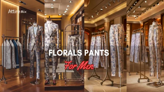 Collection of Florals Pants For men and suits for men in a boutique.