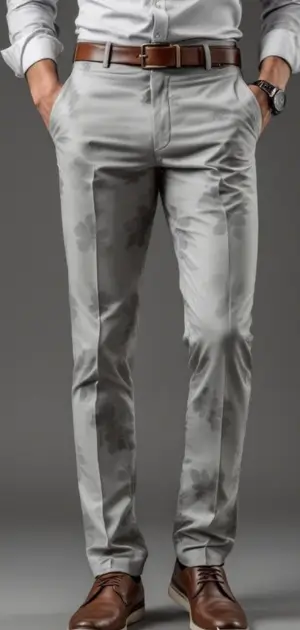 Man in light grey floral-patterned trousers with a brown belt and brown shoes