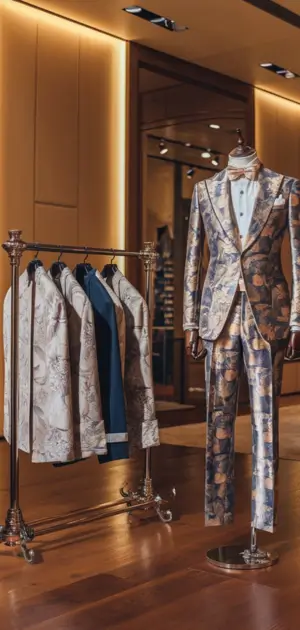 Floral-patterned suit and jackets displayed in a luxury store.