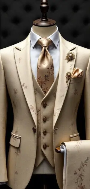 Cream floral suit with gold tie, vest, and matching pocket square