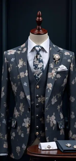 Grey floral suit with matching tie, silver brooch, and pocket square.