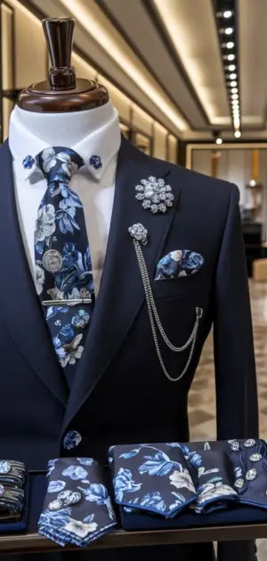 Floral-patterned navy suit with a matching bow tie and accessories displayed on a mannequin.