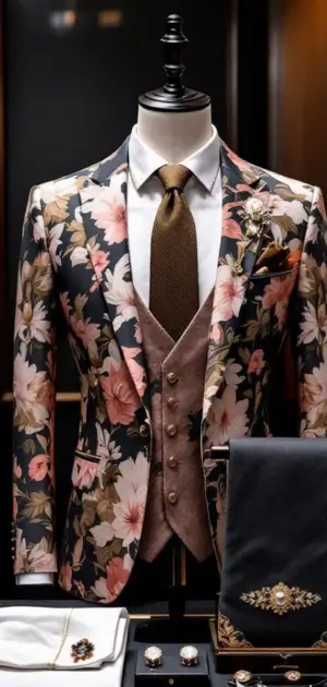 Floral suit with brown vest, bronze tie, and floral brooch